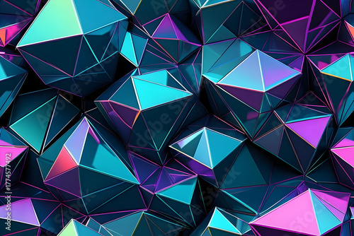 Geometric abstract patterns of shiny blue and purple 3D shapes create vibrant and dynamic visual with reflective surfaces and sharp edges
