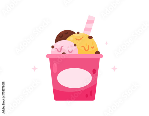 Ice cream. Illustration of 3 scoops of mango, strawberry, and chocolate ice cream. Chocolate topping and wafer sticks. Dessert and sweet. Flat style design. White background.
