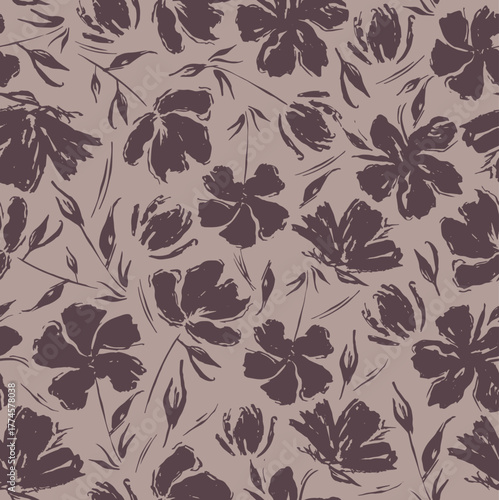 seamless floral pattern created with hand-drawn ink brush flowers, leaves in deep purple tones. modern handcrafted charm, ideal for fashion prints, textiles, packaging, wallpaper, contemporary surface