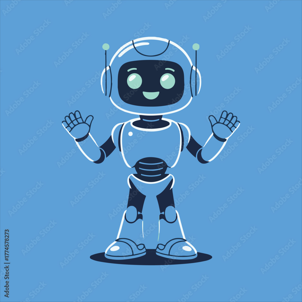 Fototapeta premium Cute Friendly Robot Character Vector Illustration,Futuristic Cartoon Robot Mascot on Blue Background,Modern AI Robot Assistant Smiling Vector Art,Friendly Artificial Intelligence Robot Chat.