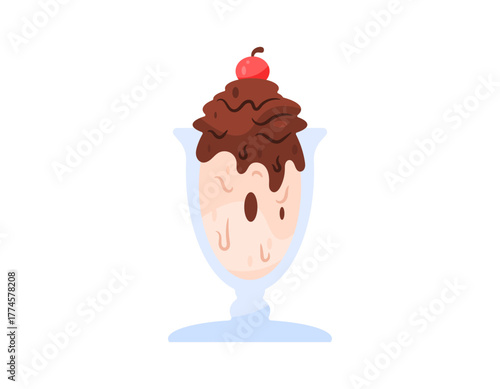 Chocolate ice cream sundae. A glass of chocolate and vanilla ice cream with cherry topping. Dessert and sweet. Flat style design. White background. Illustration