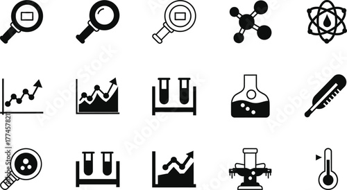Collection of science and research icons including magnifying glass molecular structure atom graphs test tubes flask thermometer and surgical equipment isolated on transparent background