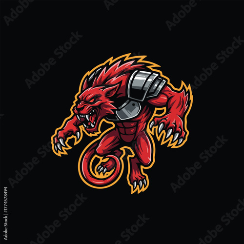 Fierce Red Beast Mascot Character with Warrior Armor Fierce Aggressive Mythical Creature