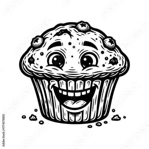 Smiling Blueberry Muffin with Expressive Eyes and Cheerful Expression