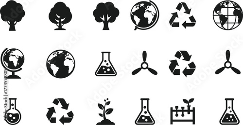 Collection of eco friendly icons including trees globes recycling symbols and wind turbines isolated on transparent background