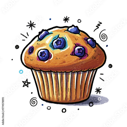 Whimsical Blueberry Muffin Illustration with Decorative Starburst Accents