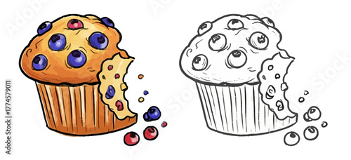 Cartoon Blueberry Muffin with Bite Taken and Line Art Version