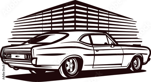 Classic muscle car parked in front of modern industrial building, black and white line art illustration