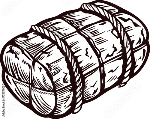 Hand drawn vintage sausage salami tied with rope isolated on white illustration