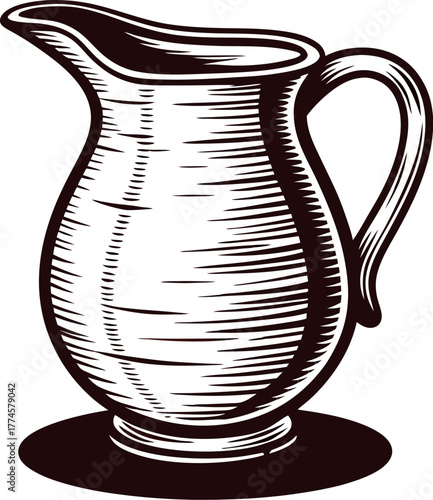 Vintage hand drawn ceramic pitcher illustration with engraved lines and bold black shading on white background