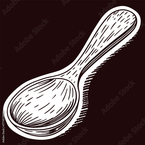Hand drawn wooden spoon illustration with textured detail on dark background in vintage engraving