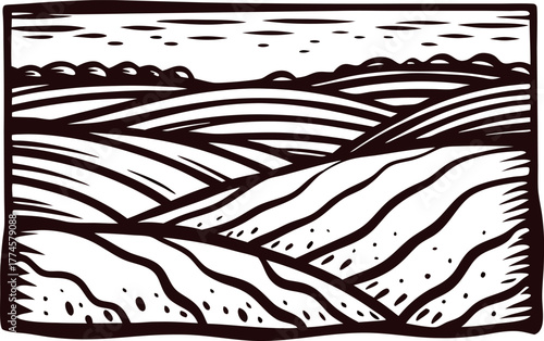 Hand drawn rolling farmland illustration with patterned fields and sky in vintage engraved