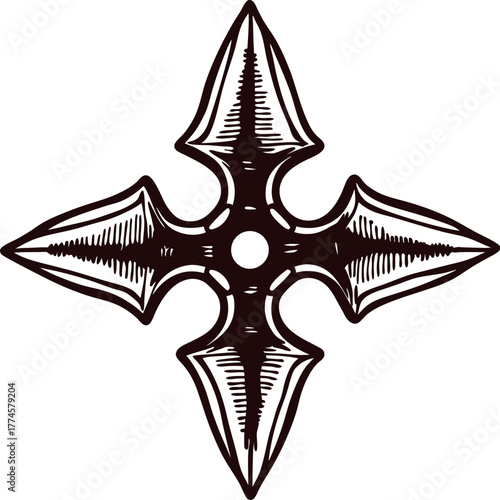 Hand drawn vintage shuriken illustration with engraved lines and central circular detail