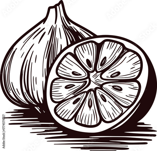 Hand drawn citrus fruit and garlic bulb vintage ink illustration of lemon slice and whole garlic in engraving