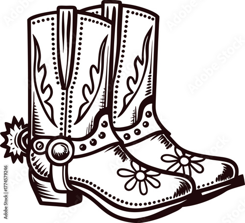 Vintage hand drawn cowboy boots with spurs and floral decoration isolated on white background illustration