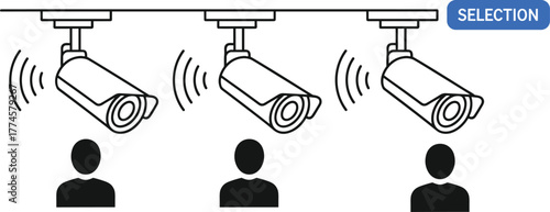 AI smart security camera system, surveillance selection illustration, facial recognition monitoring, automated person tracking, intelligent observation technology, digital safety control 