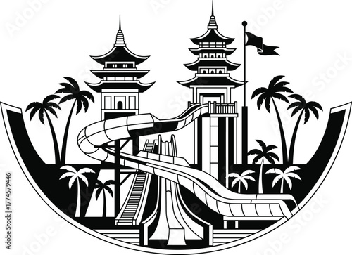 Asian pagoda style water park with tropical palm trees, curved water slides, exotic resort architecture, summer vacation vector illustration for travel, tourism, and leisure concepts