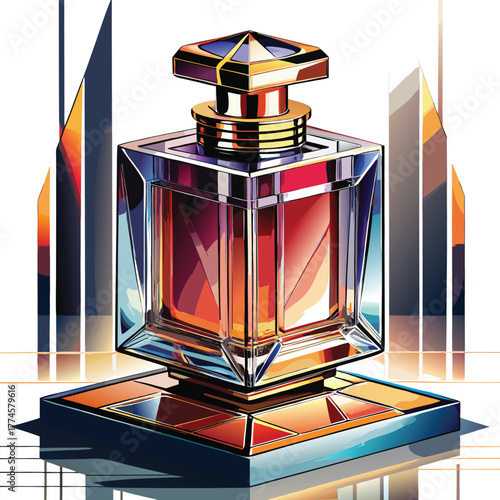 Luxurious perfume bottle with a geometric design and bold colors