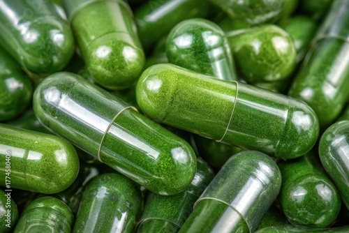 Pile of Vibrant Green Capsules Closeup: Dietary Supplements, Herbal Remedies, and Natural Health Boosters for Wellness and Immunity, on a Shiny Background