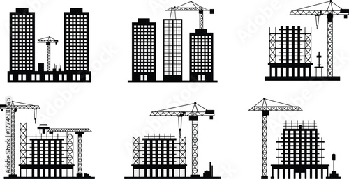 Black silhouette illustrations of buildings under construction with cranes, scaffolding, structural elements, urban development, architecture, engineering, infrastructure, elevation, planning, design
