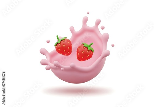 Two strawberries falling into a pink milk splash isolated on white background