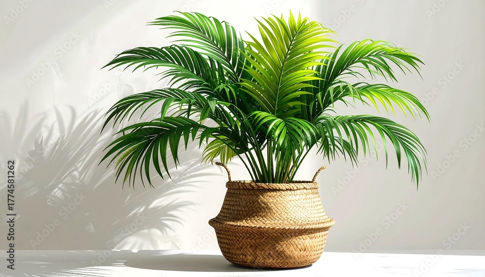 Obraz premium Lush green palm plant in a woven basket, sunlit