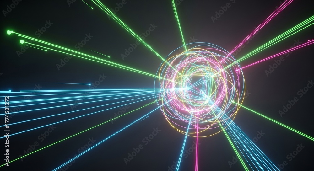 Fototapeta premium Abstract representation of data flow and energy convergence with colorful light beams emanating from a central glowing core in a dark space.