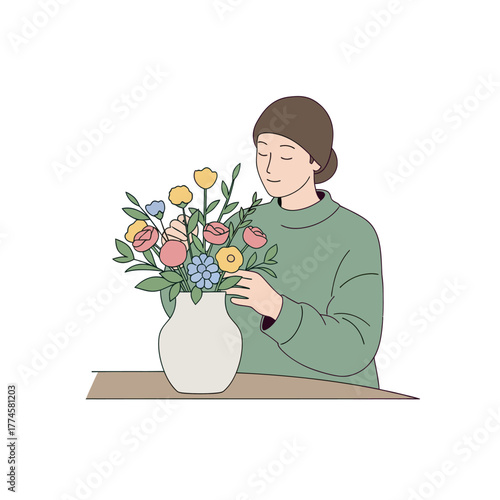 Person arranging colorful fresh flowers in vase on wooden table indoors