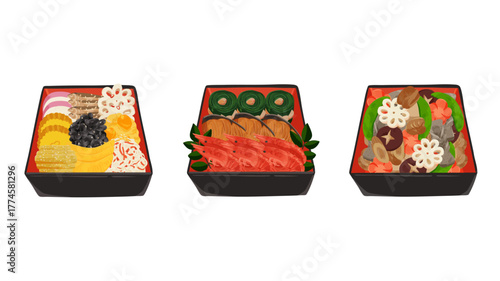 重箱のおせち3種類セット　水彩風手描きベクターイラスト