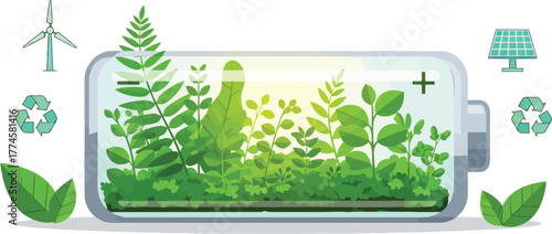 Sustainable energy solutions featuring vibrant greenery inside a battery, symbolizing eco-friendly power, wind turbine, solar panel, and recycling concept