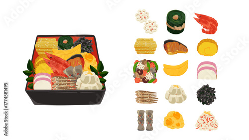 重箱のおせちと品目アイコンセット　水彩風手描きベクターイラスト