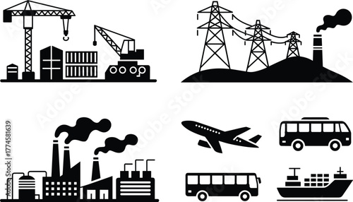 Black silhouette illustrations of industrial and infrastructure sectors including construction, energy, manufacturing, transportation, logistics, urban development, architecture, engineering, 