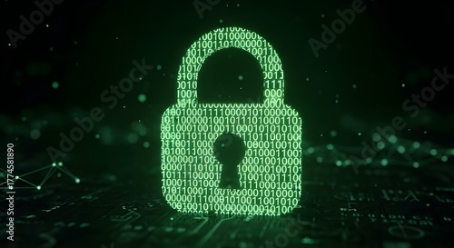 Digital padlock made of binary code floating above a dark circuit board background in green