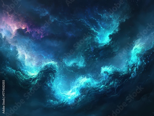 A vibrant nebula with swirling turquoise and purple clouds against a dark cosmic background view space