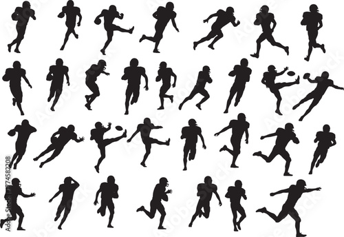 Set of multiple American football players silhouettes in various action poses vector.