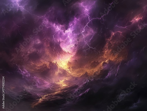 Wallpaper Mural Dramatic purple and orange storm clouds with lightning strikes illuminating the sky above the horizon Torontodigital.ca