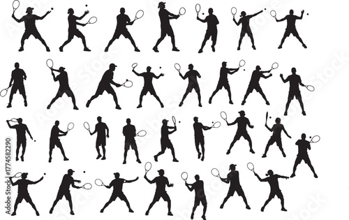 Set of various tennis players silhouettes in action poses with rackets vector graphic.
