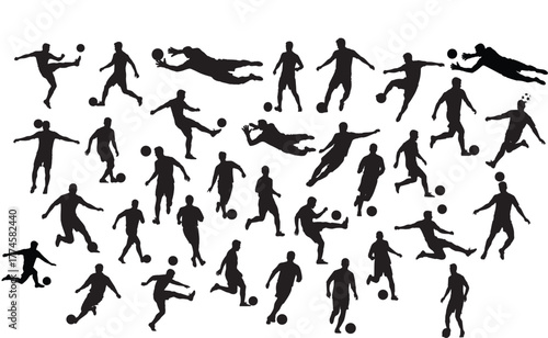Set of multiple soccer players silhouettes in various action poses, vector graphic.