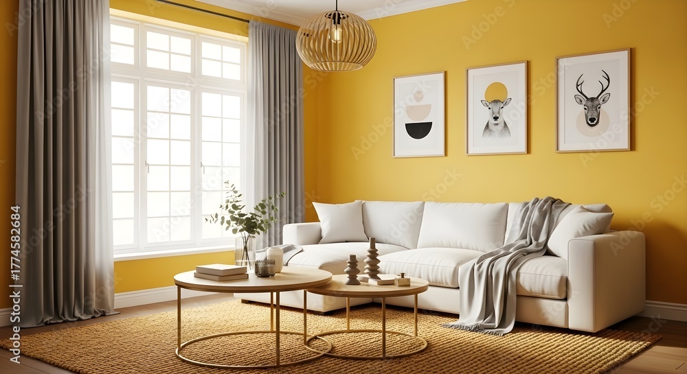 Fototapeta premium Modern living room with yellow walls and abstract art on wall