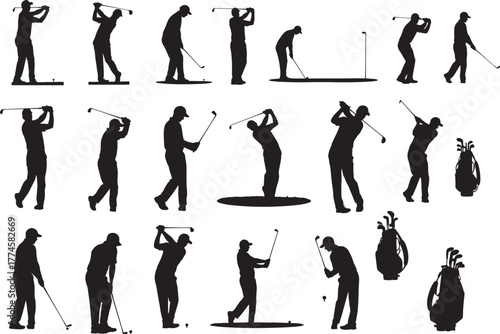 Set of dynamic golfer silhouettes with clubs and bags, vector isolated on white.