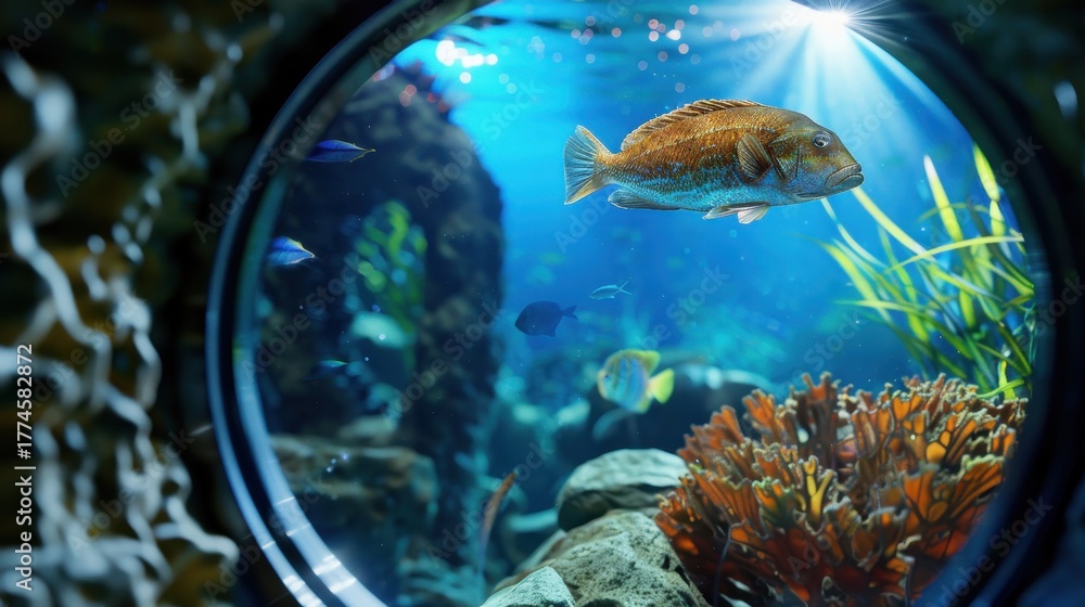Obraz premium Underwater Scene with Colorful Fish and Vibrant Coral Reef Through Round Observation Window