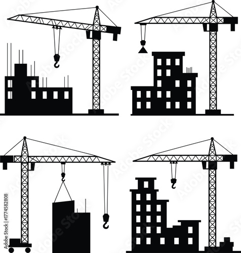Black silhouette illustrations of tower cranes at construction sites, lifting materials, building structures, urban development, architecture, engineering, planning, infrastructure, elevation, design
