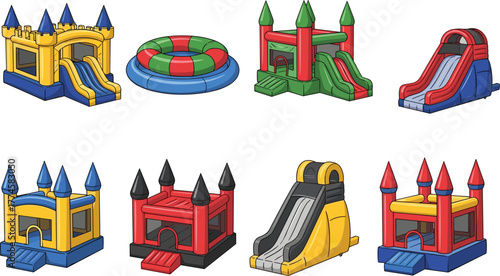 Colorful inflatable bounce houses and slides set, cartoon amusement park attractions collection with castles, jumping houses, inflatable pool, and fun playground slides