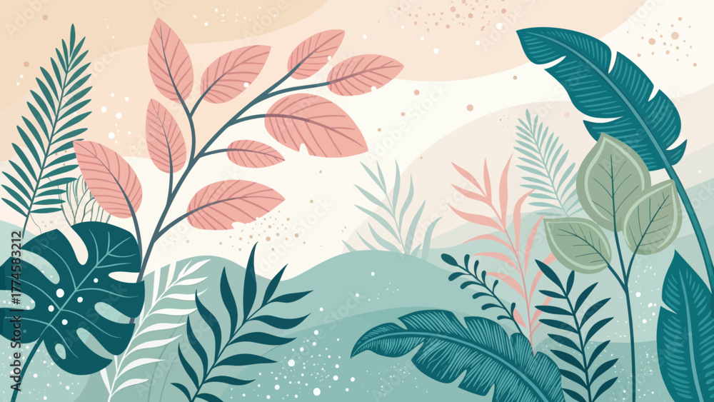 Fototapeta premium Abstract Botanical Wallpaper Design With Colorful Plants And Leaves