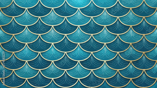 Abstract Teal Fish Scale Pattern Design with Gold Details