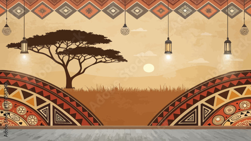 African Tribal Wallpaper Design Featuring a Savanna Landscape