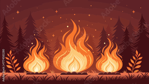 Cartoon campfires burning with orange flames in a forest background