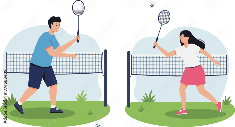 Fototapeta premium Man and woman playing badminton outdoors, hitting shuttlecock, casual sportswear, grassy field, net, active lifestyle, cartoon style, sport illustration, fun activity