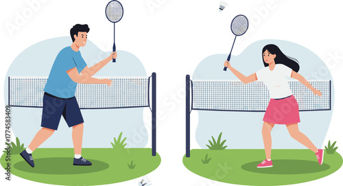 Man and woman playing badminton outdoors, hitting shuttlecock, casual sportswear, grassy field, net, active lifestyle, cartoon style, sport illustration, fun activity