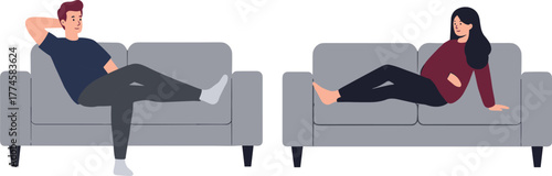 Man and woman relaxing on separate couches, casual home lifestyle vector illustration, cozy living room interior, modern relationship concept, flat cartoon style